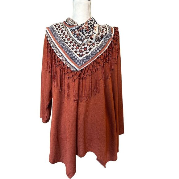 Style & Co Womens Plus Size 3X Rust Tunic Top Removable Fringe Scarf Stretch NEW - Picture 1 of 11